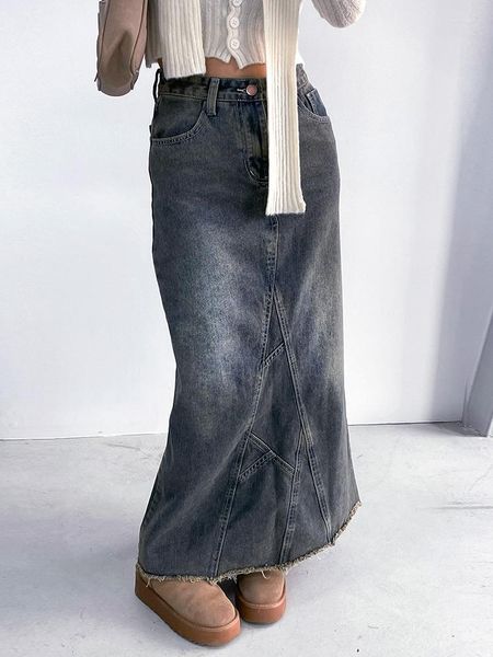 Jupes 90s Maxi Denim Jupe Femme Vintage Y2K A-Line Tassel Jean Avec Fente Dos Fray Hem Grunge Acubi Esthétique