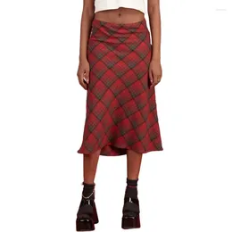 Jupes 90s Plaid taille haute marron Midi Vintage Indie esthétique impression a-ligne jupe longue Y2K e-girls Streetwear 2024 été