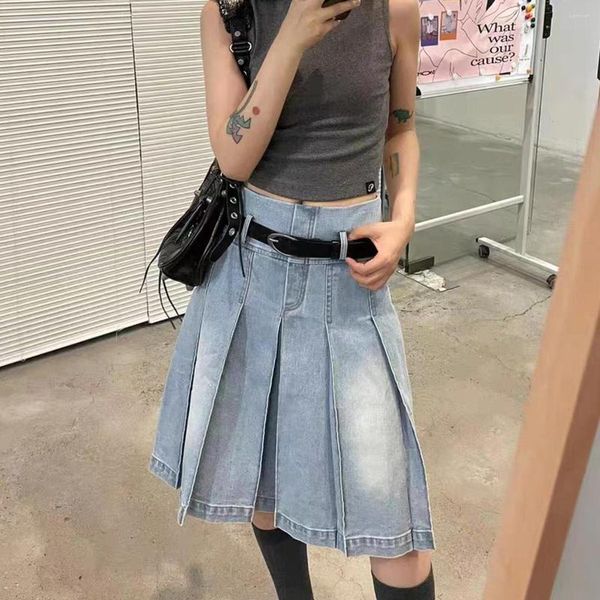 Jupes 90s Vintage genou longueur Midi longue jupe en jean plissée femmes Acubi mode Grunge Y2k Streetwear bleu jean bas femme