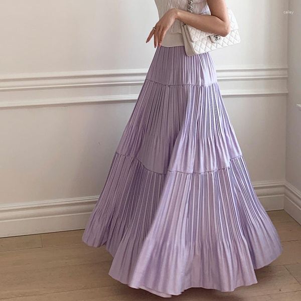 Jupes 96cm Maxi jupe plissée pour femmes 2023 printemps été élégant solide grand ourlet une ligne taille haute longue femme violet