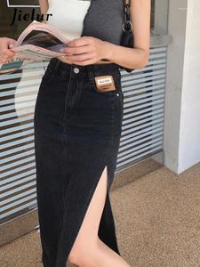 Jupes a-line denim femmes bleu noir couleur solide jupe midi jupe femme rétro slit haut taille jeans femelle s-xxl