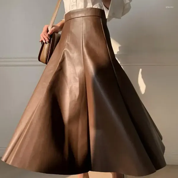 Faldas una línea acampanada de cuero sintético 2024 otoño marrón negro sólido PU elegante mujeres falda a media pierna de cintura alta Oficina señoras