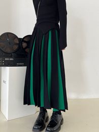 Jupes Une ligne taille haute contraste couleur rayé femmes jupes mi-longues automne hiver jupes plissées lâches dame à la mode rétro style coréen 230417