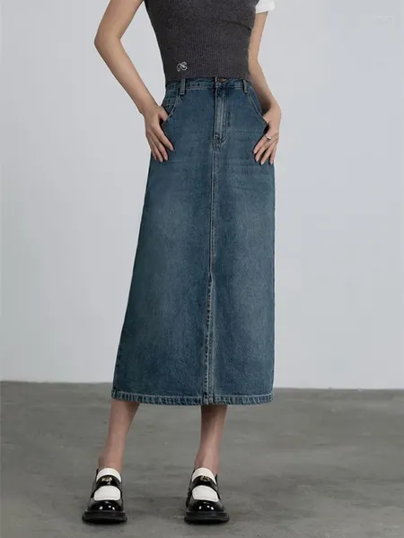 Jupes A-ligne Longue Jupe En Jean Pour Femmes Vintage Classique Bleu Split Taille Haute Midi Été 2023