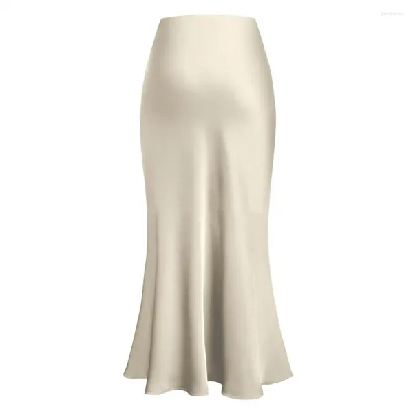 Faldas A-Line Falda Elegante Faux Seda Satén para Mujeres Cintura Alta Oficina Lady Color Sólido Brillante Moda Coreana