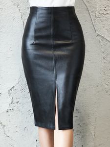 Rokken Aacoae Black Pu Leather Dames Midi Sexy High Taille Body Split Leather Office Leer Knie Lengte 230329