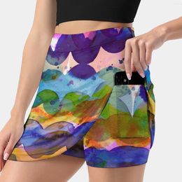 Jupes vagues abstraites coucher de soleil aquarelle peinture-coloré marée jupe femme Mini une ligne avec poche cachée