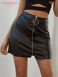 Jupes Aelegantmis Sexy Zipper Slim taille haute en cuir femmes mode bureau dame mini jupe femme noir a-ligne courte