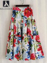 Jupes aeleseen 2024 Summer Summer Bohemian Cotton Jupe Femmes Red Floral Imprimé haute taille Elegant Holiday Long Sicilian