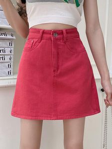 Faldas Ailegogo Primavera Verano alta cintura Slim Fit mujeres falda de mezclilla Streetwear mujer Color sólido A-line Pink Jeans Bottoms