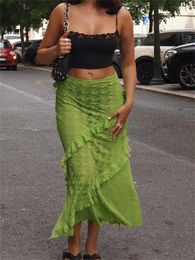 Faldas Akaily otoño sexy encaje verde falda asimétrica calle casual para mujeres 2023 moda negra ver a través de cintura alta