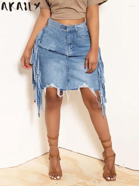 Jupes Akaily été bleu gland jean midi pour femmes 2023 streetwear moulante taille haute personnalisé denim femme