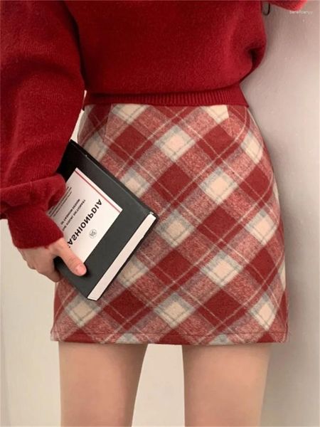 Jupes Alien Kitty High Street Mini Femmes Woolen Chic Plaid vintage 2024 Automne Fashion Daily Slim Office Lady Party Sweet