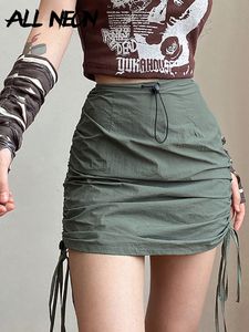 Skirts ALLNeon Grunge Punk High Waist Army Green Mini Y2K Streetwear Drawsting Bandage Ruched Pencil Skirt Slim Retro Bottoms 230327