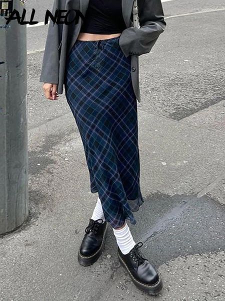 Jupes allneon indie esthétique rétro argyle plaid imprimer maille longue y2k vintage 90s basse taille double couche