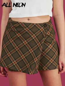 Rokken Allneon Vintage Plaid Aline Mini Skirts One Button High Taille Korte rokken voor vrouwen Chic Egirl Style Bottoms Streetwear 2021