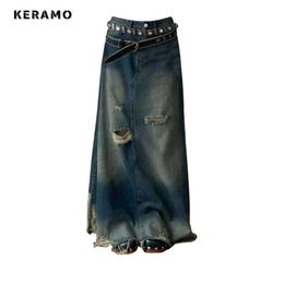 Jupes American Retro Denim Flm Fleting Fashion Fashion Tear Design Bag A-Line Long Leather 2024 Harajuku Casual Street Clothing Womens Vêtements Q240507