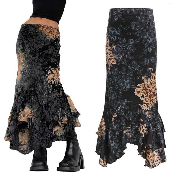 Jupes American Retro Print Velvet Jupe 2023 Street Femme Contrastée Taille basse Irrégulière Wrap Maxi Robe