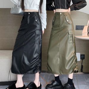 Rokken Amerikaanse Retro PU Lederen Rok Vrouwen Vallen Hoge Taille Grote Zak Cargo Femle Koreaanse Mode Slit Drawsting Lange Faldas