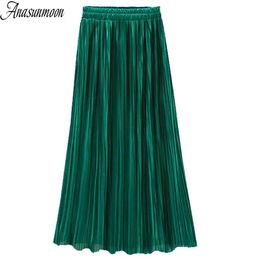 Anasunmoon jupes plissées mode couleur verte taille haute noir Midi jupe élasticité été automne Vintage fête dames vêtements