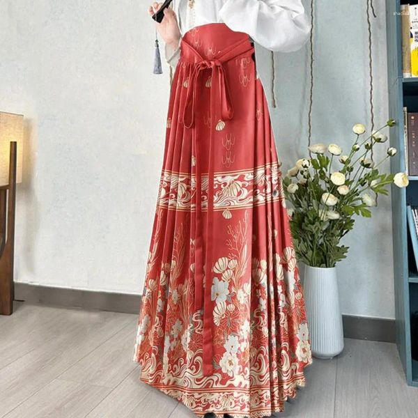 Faldas Falda de estilo antiguo Elegante Vintage Chino Ming Mujeres Maxi con estampado floral Cintura alta Seft Tie Plisado para Hanfu