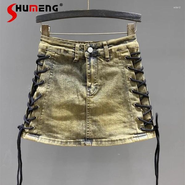 Jupes Anti-exposition fille denim jupe vêtements pour femmes 2024 printemps rétro haute taille sexy lacet up mincer