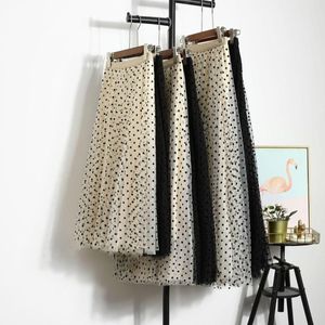 Faldas Albaricoque Versátil Flocado Lunares Midi Longitud Falda de tul Estilo coreano Largo Poliéster negro para mujeres Y2k Streetwear