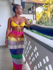 Kleurrijke Handgemaakte Gehaakte Lange Maxi Rokken Vrouwen Zomer Trekkoord Hoge Taille Hol Strand Bikini Coverup Bodem