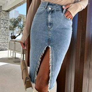 Jupes Ardm élégant taille haute moulante jean pour femmes bureau dames robe Midi Vintage frangé fendu Denim jupe