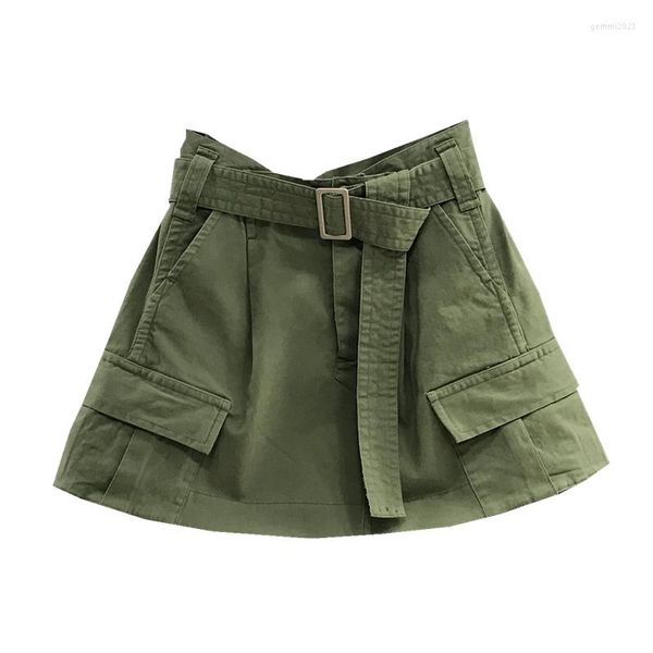 Faldas Falda de carga informal verde militar 2023 Verano A-line Cintura alta Adelgazante Denim WD101