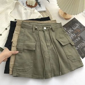 Rokken Legergroen Korte Cargo Rok Vrouwen Trekkoord Hoge Taille Mini Rokken Vrouwelijke Y2K Streetwear Big Pocket A-lijn Rokken de Mujer 230707