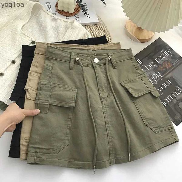 Faldas Falda De carga corta verde militar para Mujer, minifaldas De cintura alta con cordón, ropa De calle Y2K para Mujer, faldas acampanadas con bolsillos grandes L2403