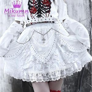 Rokken Arrval Harajuku Punk Chain Cross Witte Rok Gothic Lolita Elastische Hoge Taille Kant Cake Mini Kawaii Vrouwen