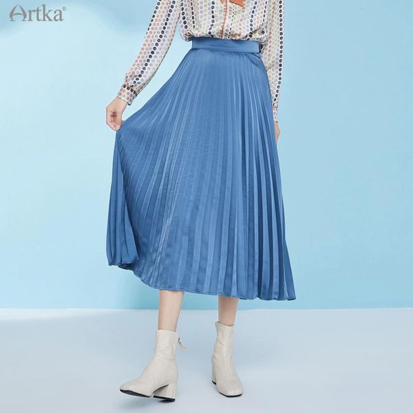 Jupes Artka 2021 Printemps Femmes Jupe Mode Taille Haute Bleu Longue A-ligne Satin Doux Plissé QA22021C