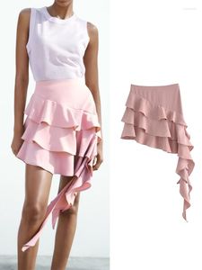 Jupes Asymétrique Ourlet Pour Femmes Rose Volants Femme Jupe D'été Taille Haute Femme Streetwear Chic Femmes