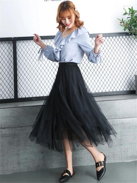 Jupes Asymétrique Taille Haute Volants Maille Tutu Longue Jupe Midi Irrégulière Tulle Pour Femmes Noir Harajuku Été Goth Vêtements