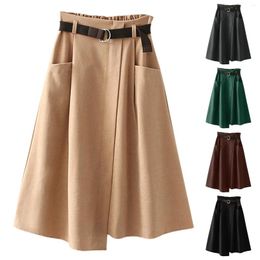 Jupes asymétriques rétro une jupe de ligne avec ceinture femelle de grandes poches solides bureau dame faldas enveloppé à double couche automne