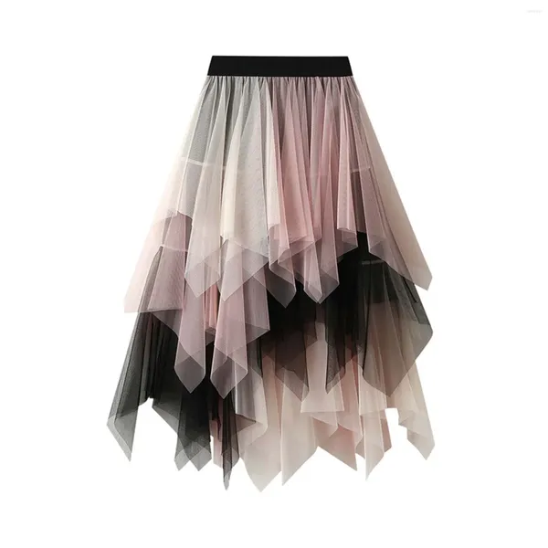 Jupes Asymétriques Ruffles Mesh tutu jupe rose noire patchwork muti couche Tulle élastique haute taille midi pour les femmes