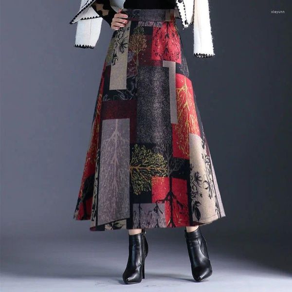 Jupes automne et hiver a-ligne jupe longue femme taille haute laine chaude élégant bureau dames imprimer plaid