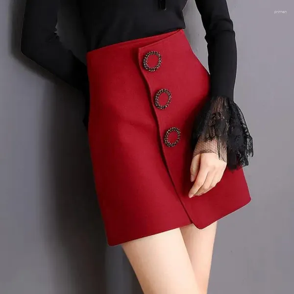 Faldas Otoño e Invierno de gama alta Ddiamante hebilla de lana A-Line falda de cintura alta Mujer Faldas Jupe