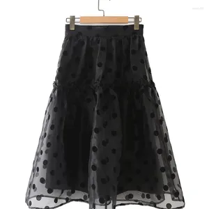 Jupes d'automne polka dot rétro doux et élégant plissé haute taille corporel or organza flocage noir streetwear