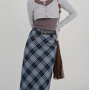 Faldas Otoño Primavera Mujer Plaid Largo Elegante Streetwear Falda Femenina Corea Moda Con Cinturón Wrap Hip Maxi