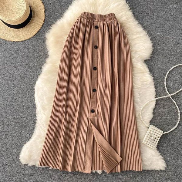 Faldas otoño Vintage drapeado Midi falda mujer marrón cintura alta solo pecho plisado Faldas mujer elegante Casual Saias 2023 moda