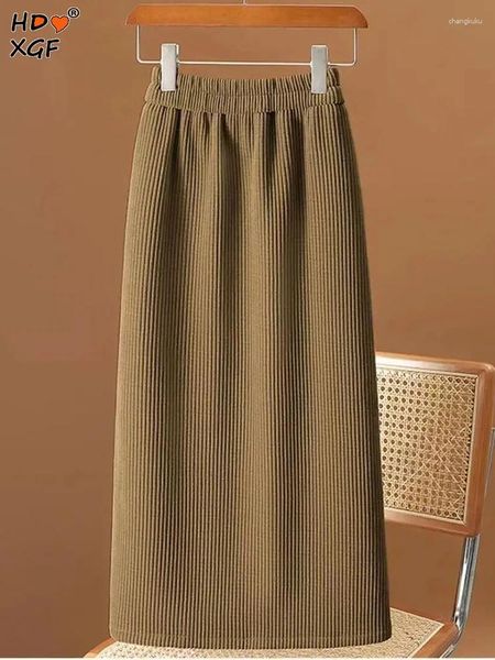 Jupes automne hiver velours côtelé sur le genou jupe mi-longue Vintage élastique taille haute a-ligne fendue femmes Simple chaud droit