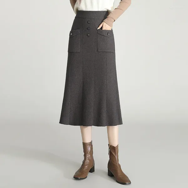 Faldas otoñales invierno elástico botón de cintura alta de bolsillo gris negro falda falda mujer elegante elegante lana de punto delgado long 66021