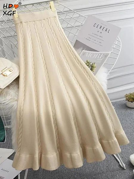 Faldas Otoño Invierno estampado plisado largo para mujeres Vintage elástico A-line cintura alta Falda de punto elegante Simple Midi