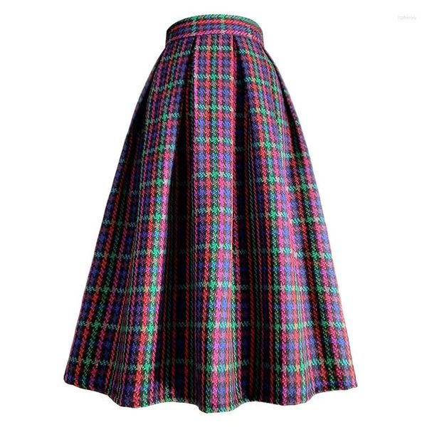 Faldas Otoño Invierno Inglaterra Casual Vintage elegante mujeres Preppy tartán tartán cintura alta falda larga falda de lana mujer Y2k Xadrez