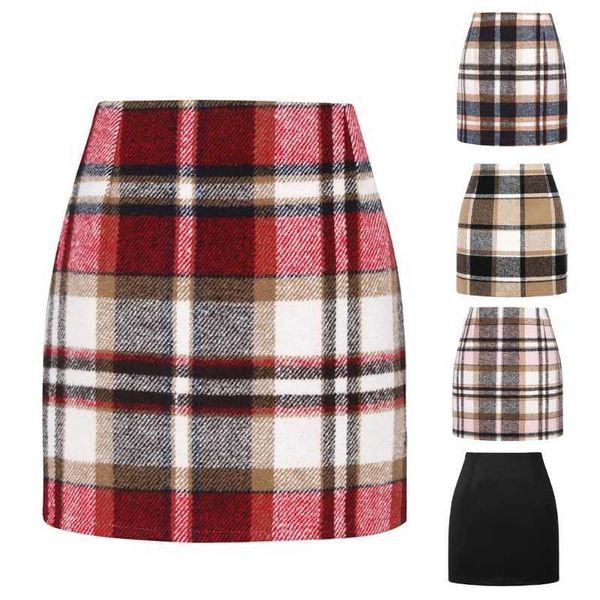 Jupes Automne Hiver Plaid Laine Mini Jupe pour Femmes Laine À Carreaux Vintage Bureau Dames Taille Haute Crayon Moulante Jupe Courte P230508