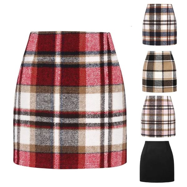 Jupes Automne hiver Plaid laine Mini jupe pour femmes laine à carreaux Vintage bureau dames taille haute crayon moulante jupe courte 231031