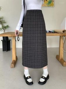 Rokken Herfst Winter Vintage Bruine Wollen Plaid Split Rok Vrouwen 2024 Koreaanse Grijze Dikke Hoge Taille Een Lijn Rechte lange Vrouwelijke